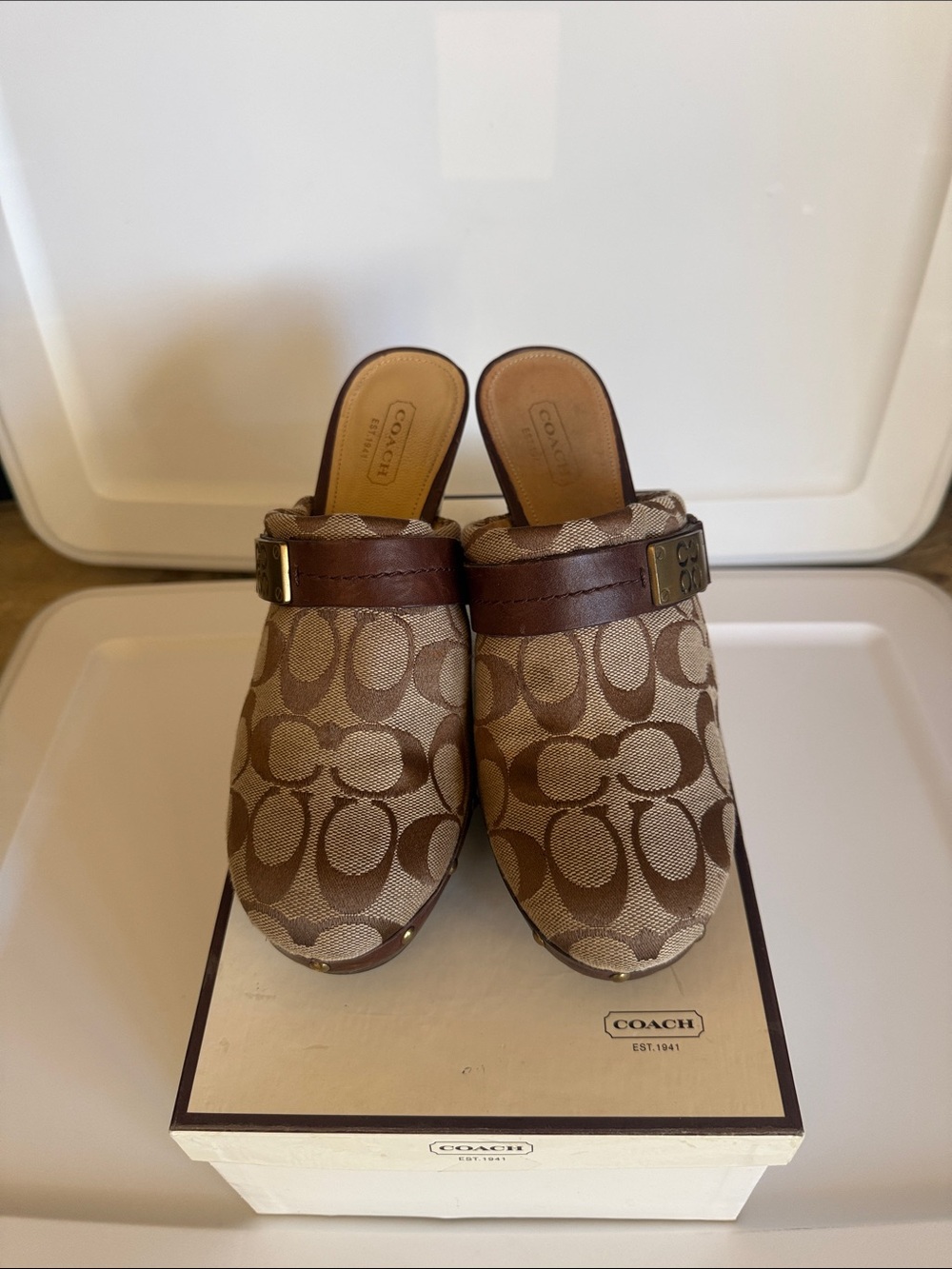 Coach Designer Ivy Vintage Studded Signature C Monogram Canvas Clog Mules Heel 7 - Picture 3 of 11